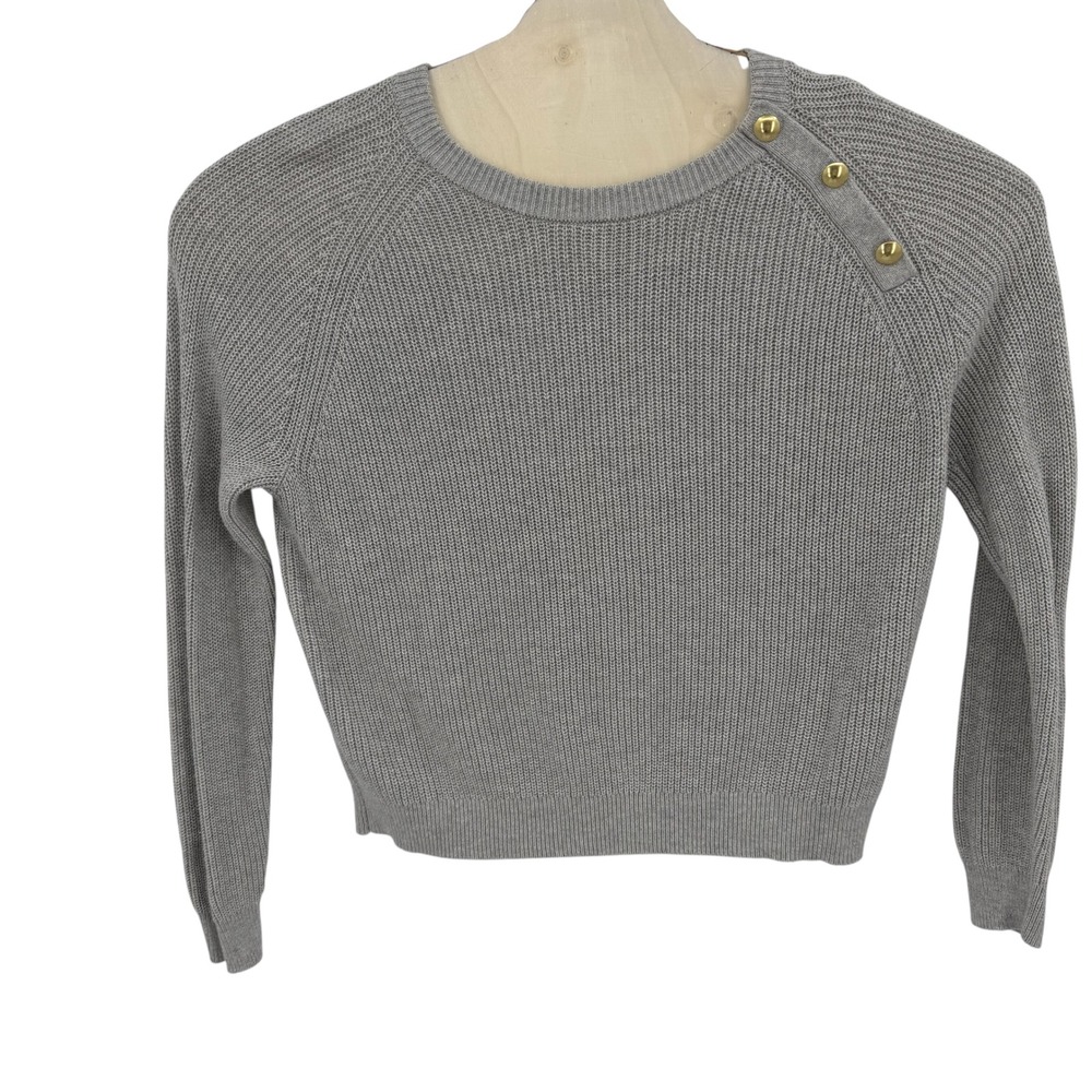 J.Crew Sweater Women M Gray Cotton Gold Button Shoulder Shaker Knit Preppy